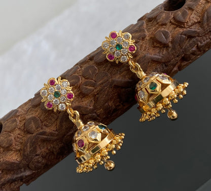 Gold look alike AD ruby-green-white stone jhumkka dj-53583