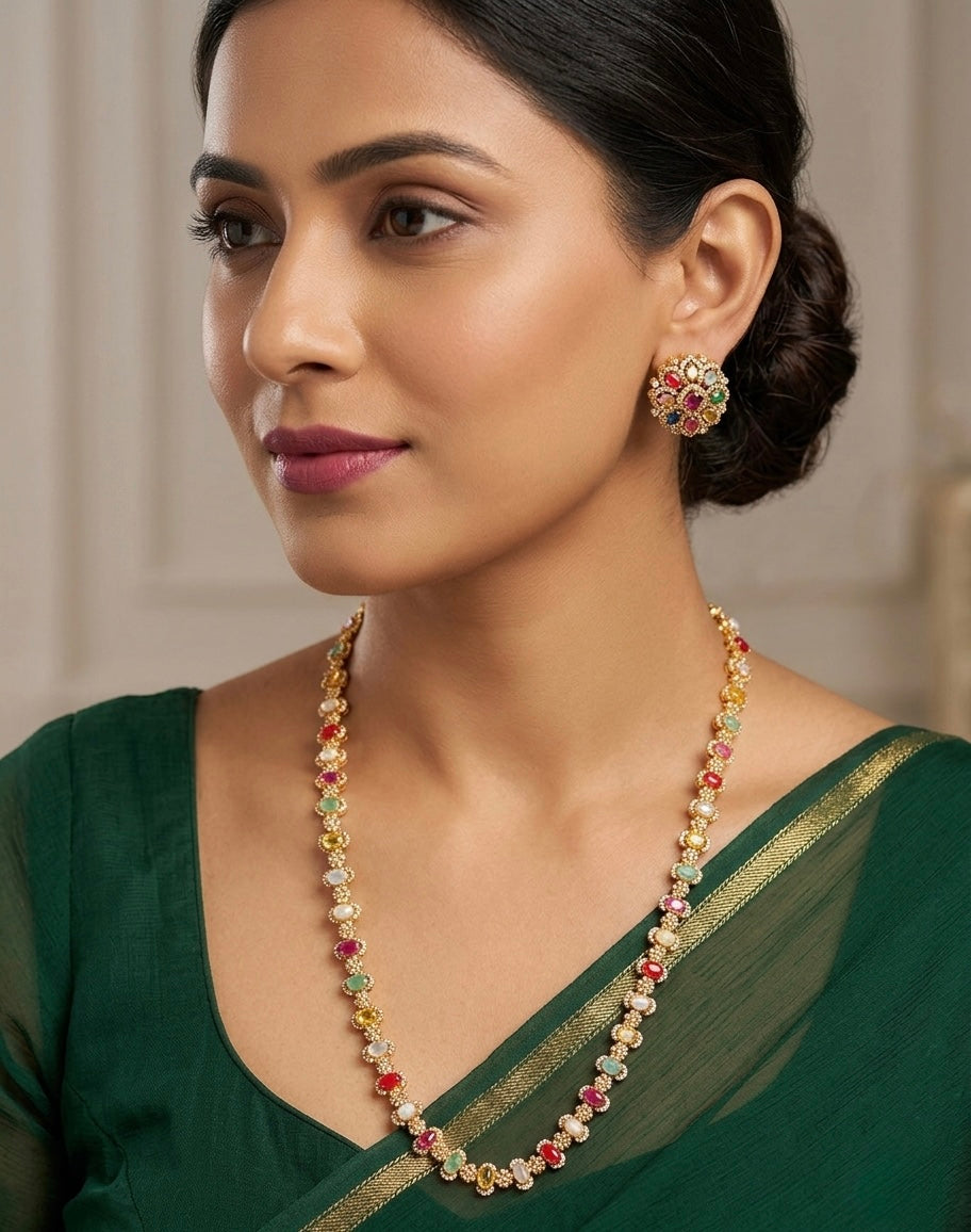 Matte finish cz navarathna oval stone lakshmi coin short haar set dj-51238