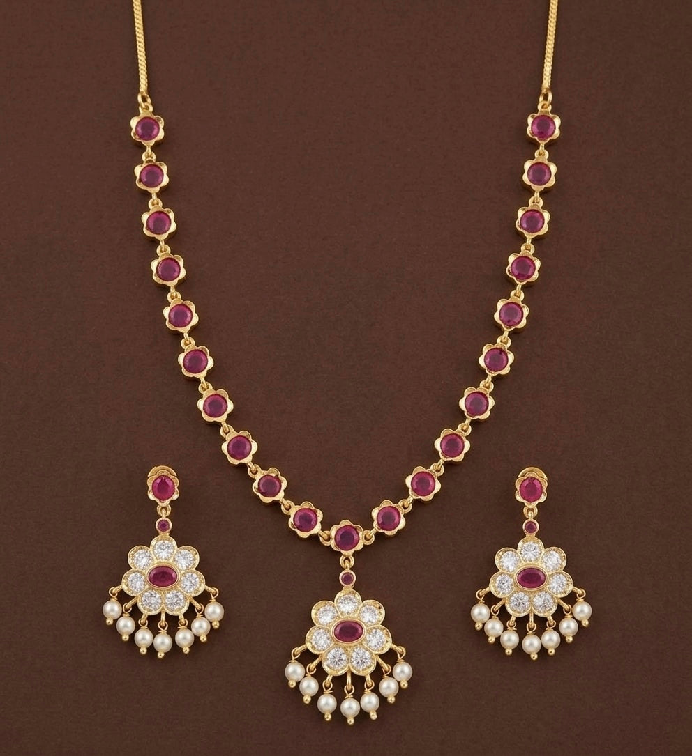 Gold tone pink-white stone pearl necklace set dj-54237