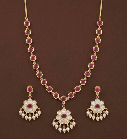 Gold tone pink-white stone pearl necklace set dj-54237