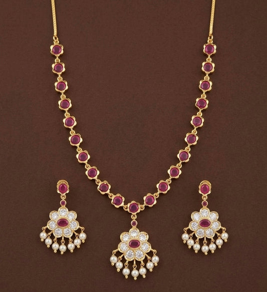 Gold tone pink-white stone pearl necklace set dj-54237