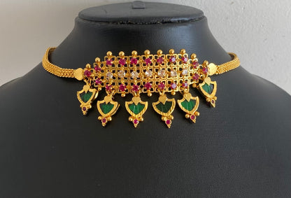 Gold tone kerala style pink-green-white palakka choker necklace dj-54131