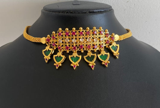 Gold tone kerala style pink-green-white palakka choker necklace dj-54131