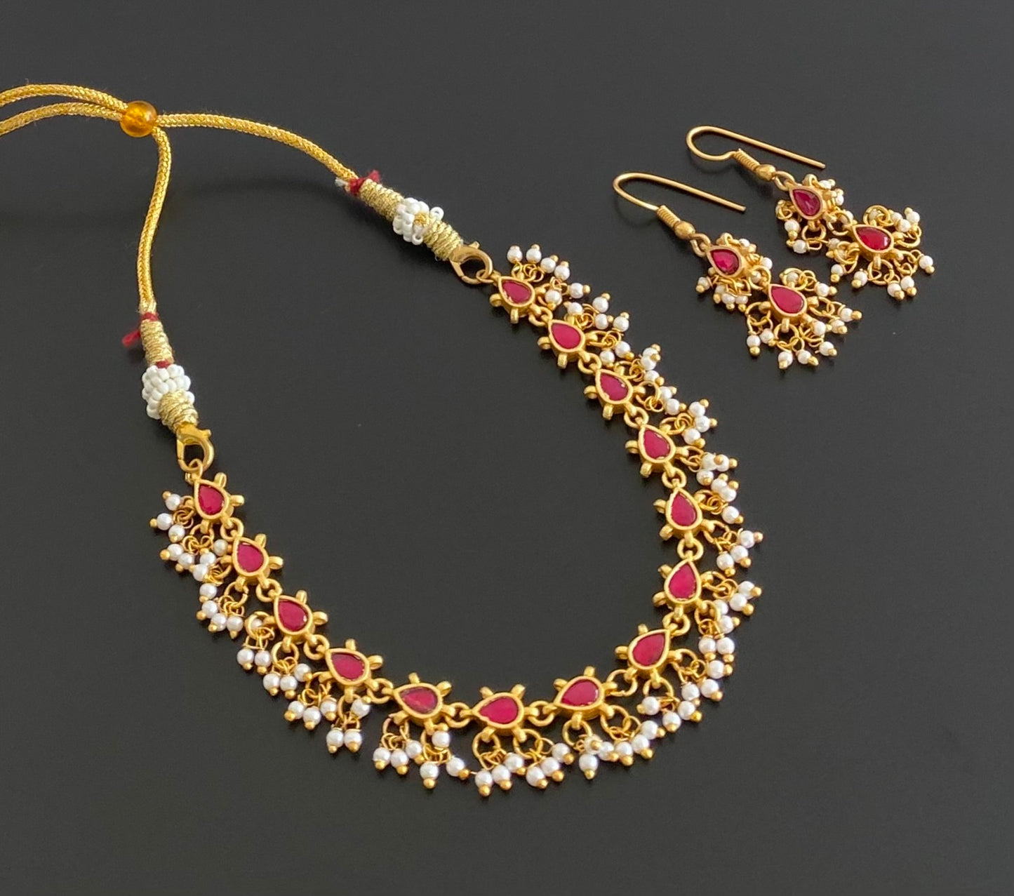 Antique gold tone kemp kundan jadau pearl necklace set dj-54150