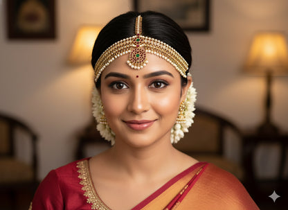 Gold tone precious kemp-green-white pearl maang head set with sun moon dj-52268