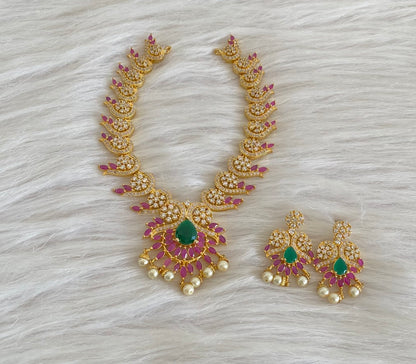 Gold tone cz ruby-emerald pearl necklace set dj-55108