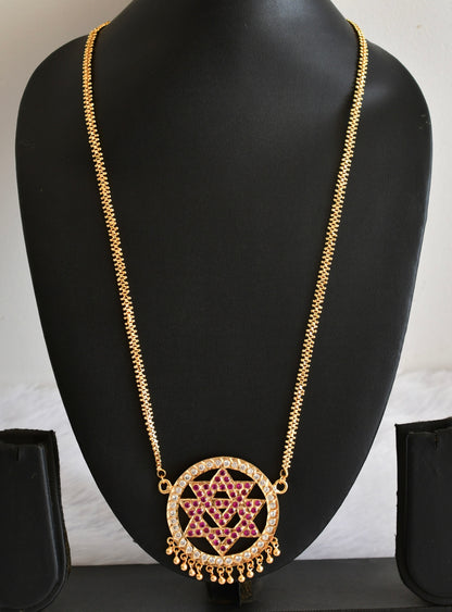Gold tone 24 inches chain with AD pink-white chakram pendant dj-53316