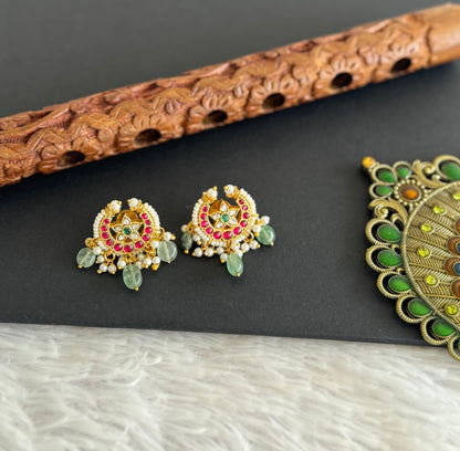 Gold tone pink-white kundan jadau green moon big stud/earrings dj-51502