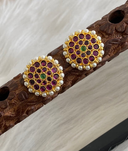 Gold tone precious kemp-green stone pearl round stud/earrings dj-54700