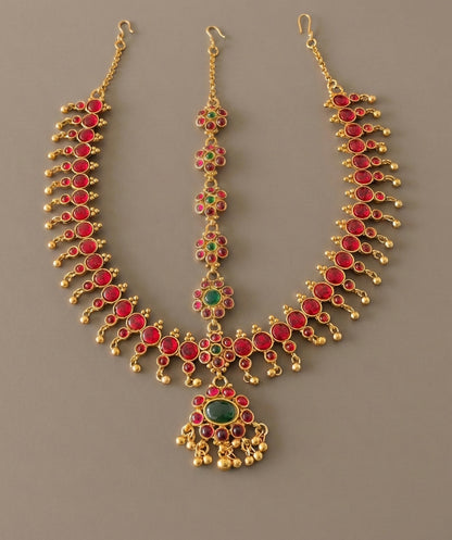 Antique gold tone kemp-green bridal maang tikka -dj13776