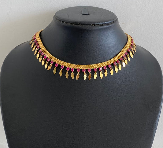 Gold tone pink stone elakka thali choker necklace dj-54540