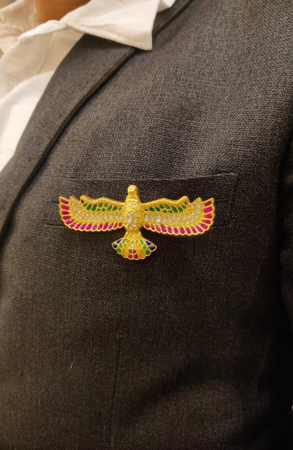 Matte finish Navarathna kundan jadau bird brooch dj-52646