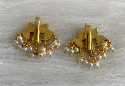 Gold tone pink-green kundan jadau lotus pearl bugadi earrings dj-53663