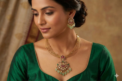 Antique gold tone pink-green kundan jadau kante necklace set dj-52420