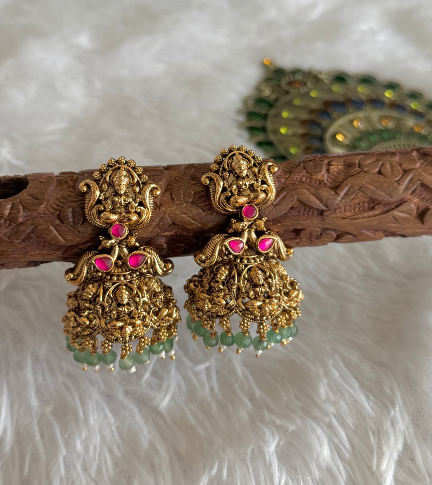 Antique gold tone pink-green beaded Lakshmi jhumkka dj-51481