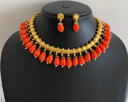 Antique gold tone coral red tulip beaded necklace set dj-54365