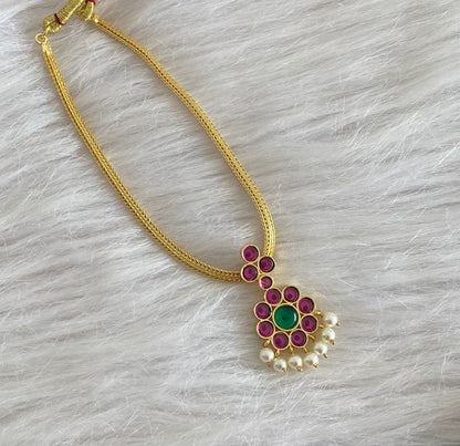 Gold tone precious kemp-green-pearl flower attigai necklace dj-50778