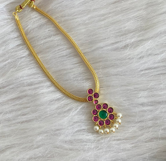 Gold tone precious kemp-green-pearl flower attigai necklace dj-50778