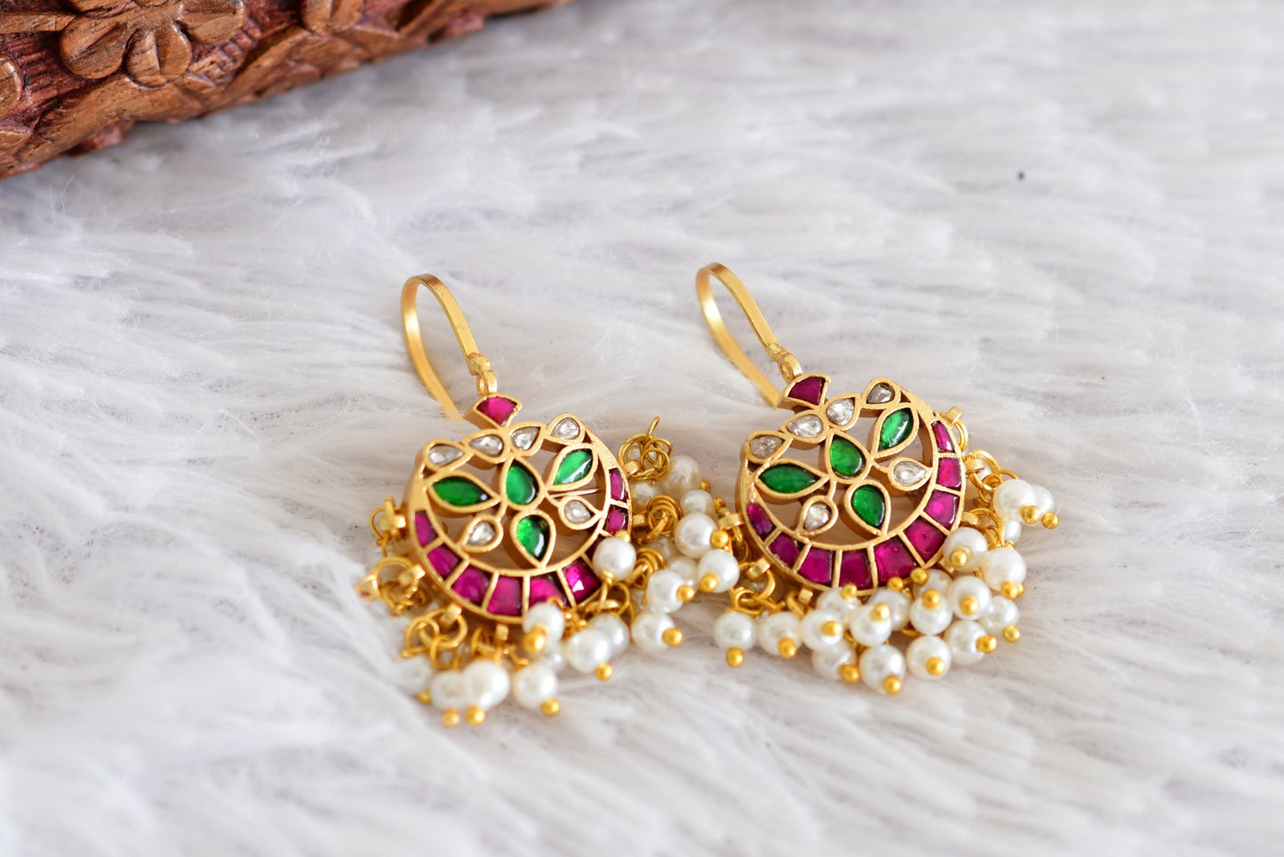Gold tone pink-green-white kundan jadau bali bugadi earrings dj-52474