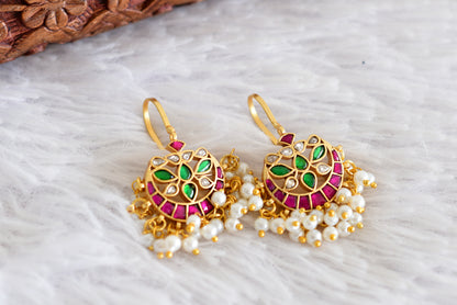 Gold tone pink-green-white kundan jadau bali bugadi earrings dj-52474
