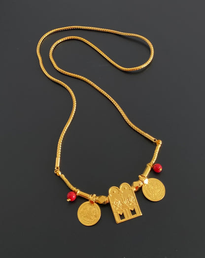 Gold tone 24 inches chain coral beads lakshmi coin thirumal nama-shanku-chakra mangalyam dj-54553