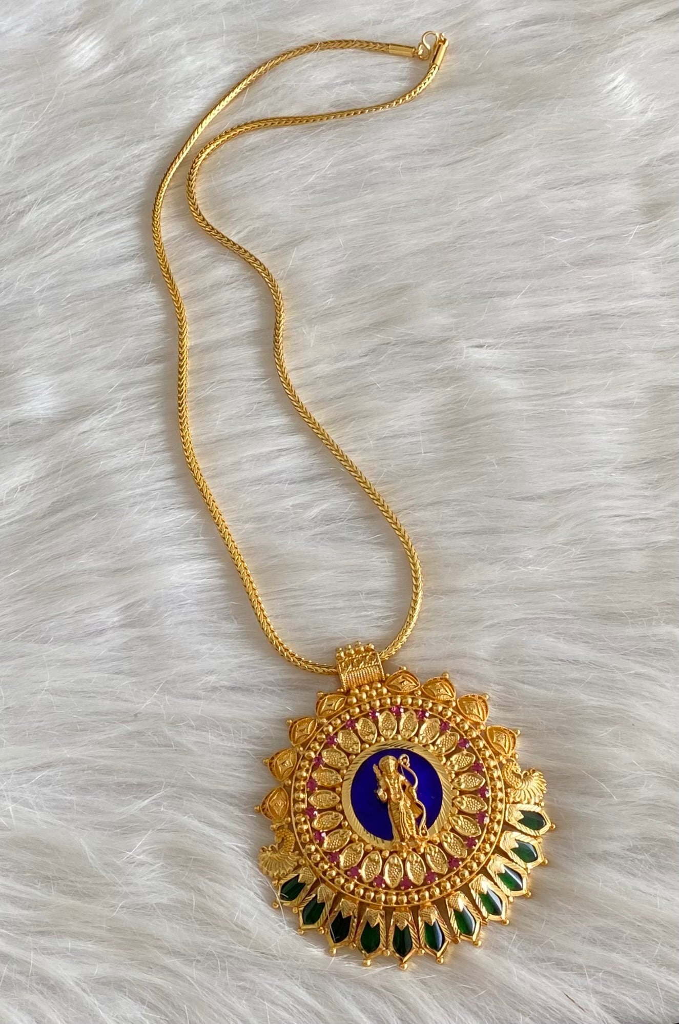 Gold tone pink-green-blue shri ram nagapadam big pendant with 24 inches chain dj-53693