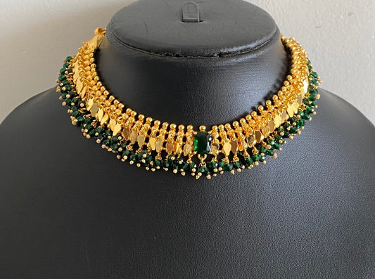 Gold tone Kerala style elakka green beaded choker necklace dj-54299