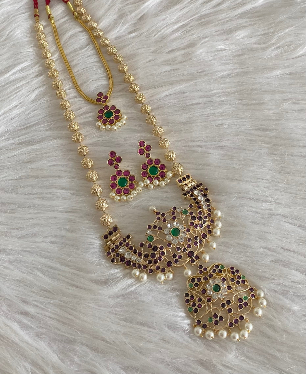 Gold tone precious kemp-green-white pearl peacock nakshi beaded combo set dj-54944