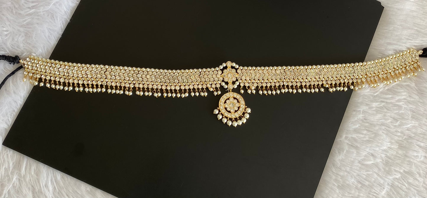 Gold tone AD white stone pearl waist band dj-53386