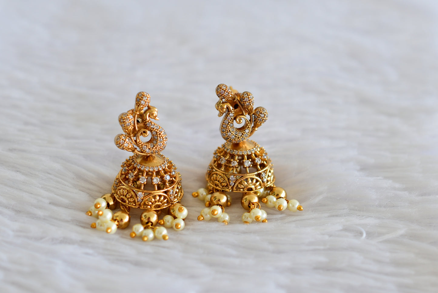 Antique gold tone white peacock jhumkka dj-51932