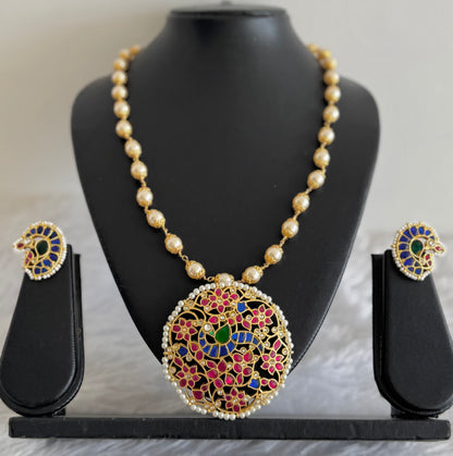 Matte finish multicolor kundan jadau peacock pearl beaded flower necklace set dj-51537