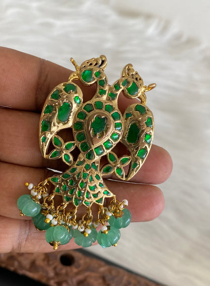 Gold tone pink-green kundan jadau reversible Gandaberunda pendant dj-53842