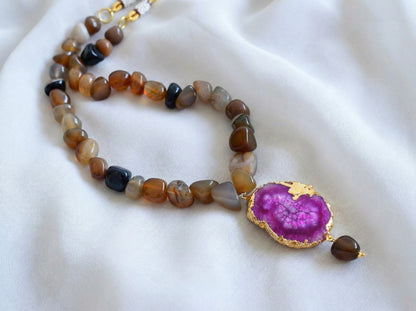 Gold tone brown-purple onyx beaded sliced agate pendant necklace dj-35090