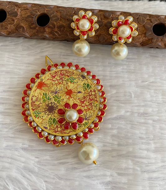 Gold tone pacchi coral-pearl round  pendent set dj-52960