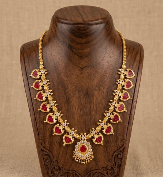 Gold tone white-red palakka necklace dj-53071
