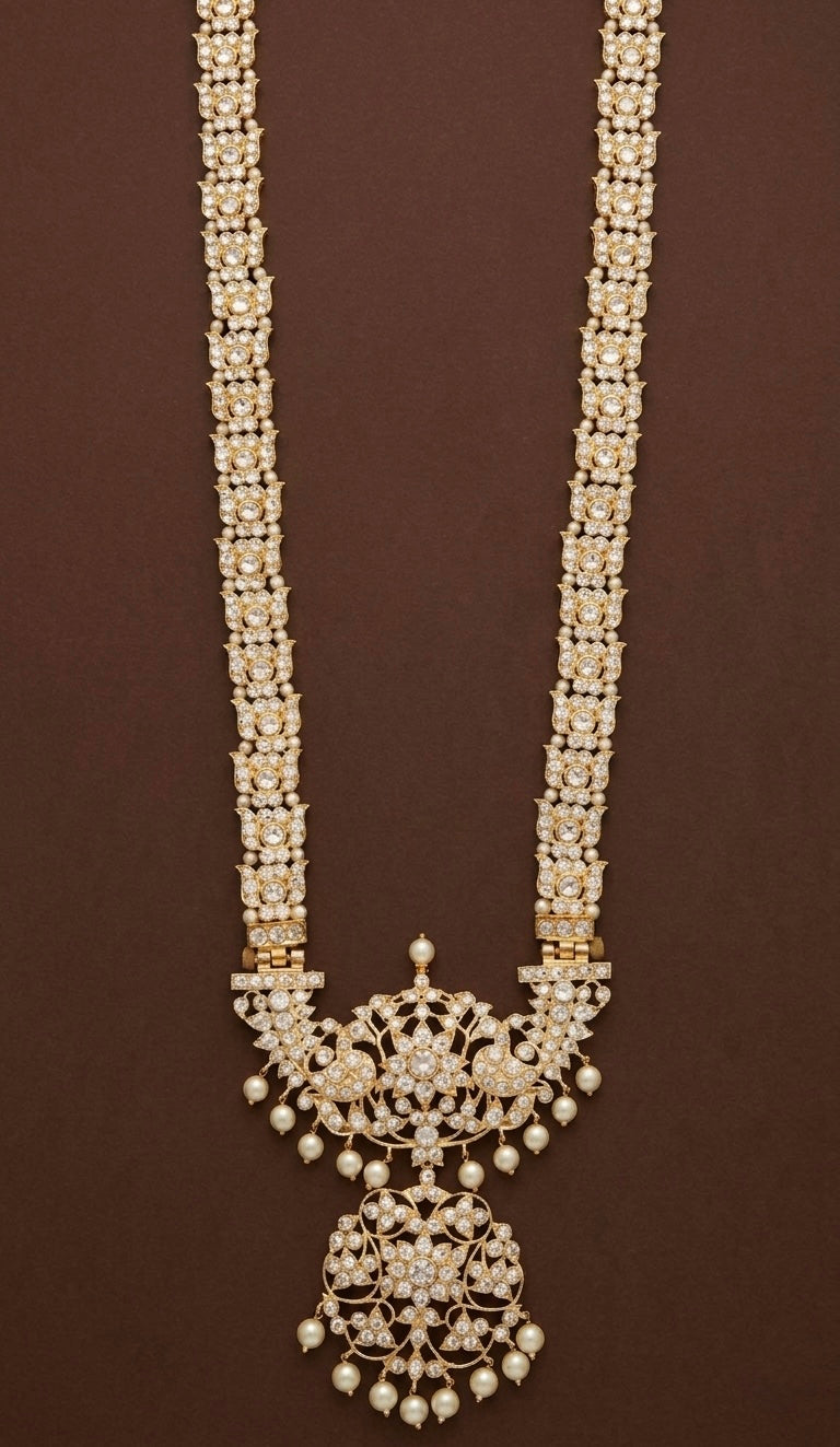 Gold tone AD white stone lotus peacock flower pearl haar dj-53384