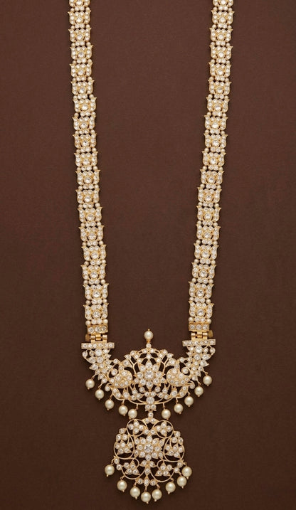Gold tone AD white stone lotus peacock flower pearl haar dj-53384