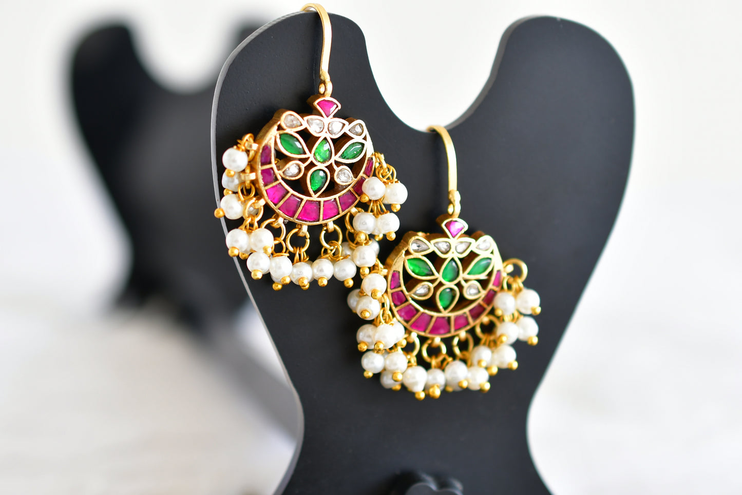Gold tone pink-green-white kundan jadau bali bugadi earrings dj-52474