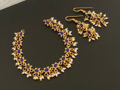 Antique gold tone blue kundan jadau pearl necklace set dj-54152