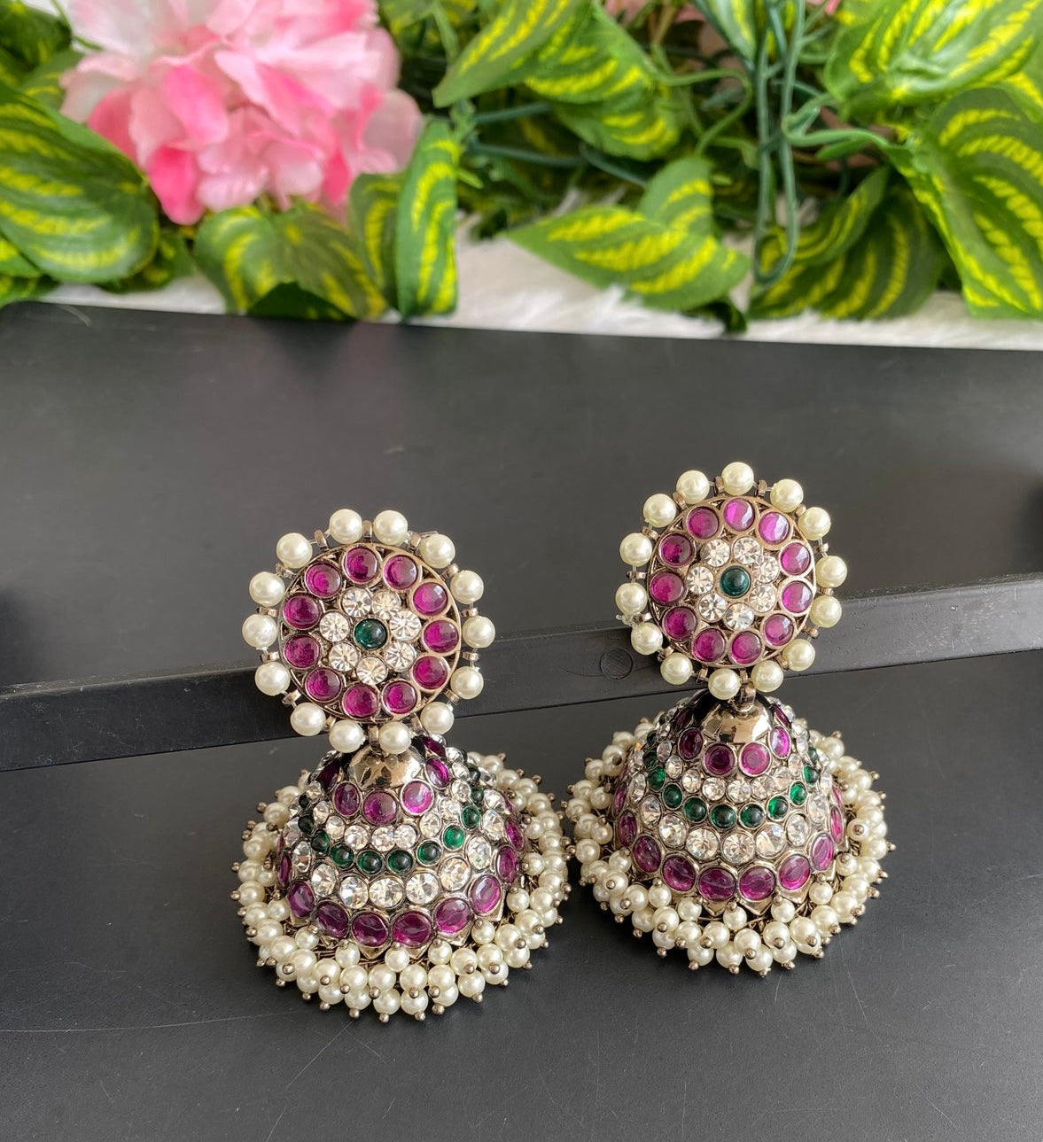 Black finish precious kemp-green-white pearl huge jhumkka dj-50630