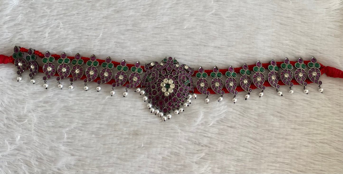 Black finish precious kemp-green-white pearl peacock mango waist band dj-53399