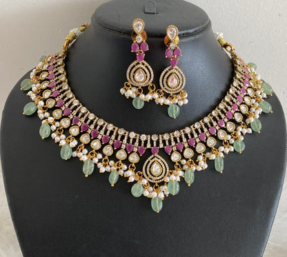 Antique gold tone cz white-ruby stone green beaded victorian necklace set dj-54438