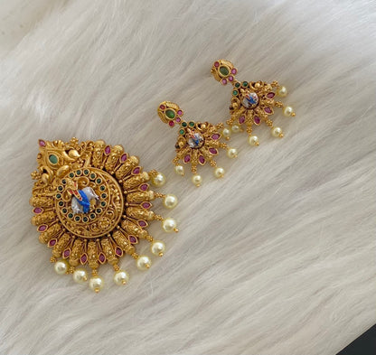 Antique gold tone pearl peacock krishna meenakari pendant set dj-54742