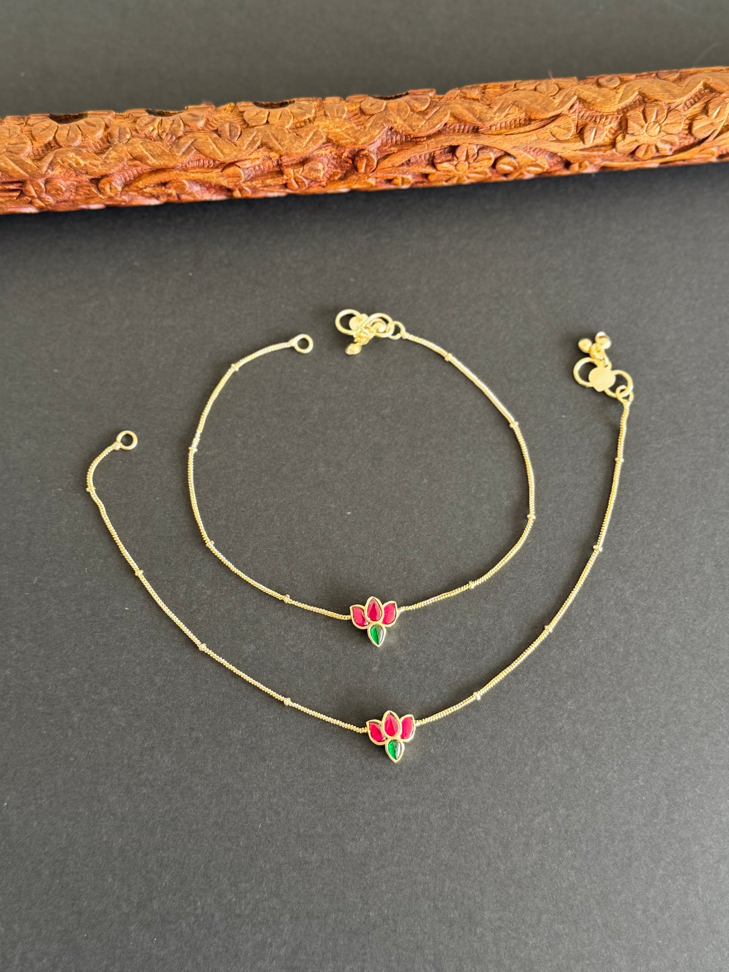 Mild Gold tone pink-green lotus kundan jadau anklets dj-51434