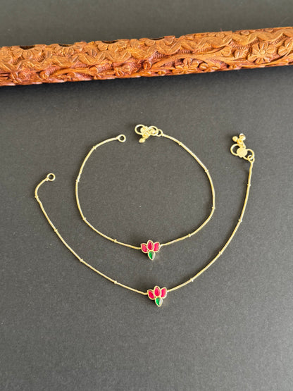 Mild Gold tone pink-green lotus kundan jadau anklets dj-51434