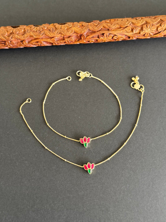 Mild Gold tone pink-green lotus kundan jadau anklets dj-51434