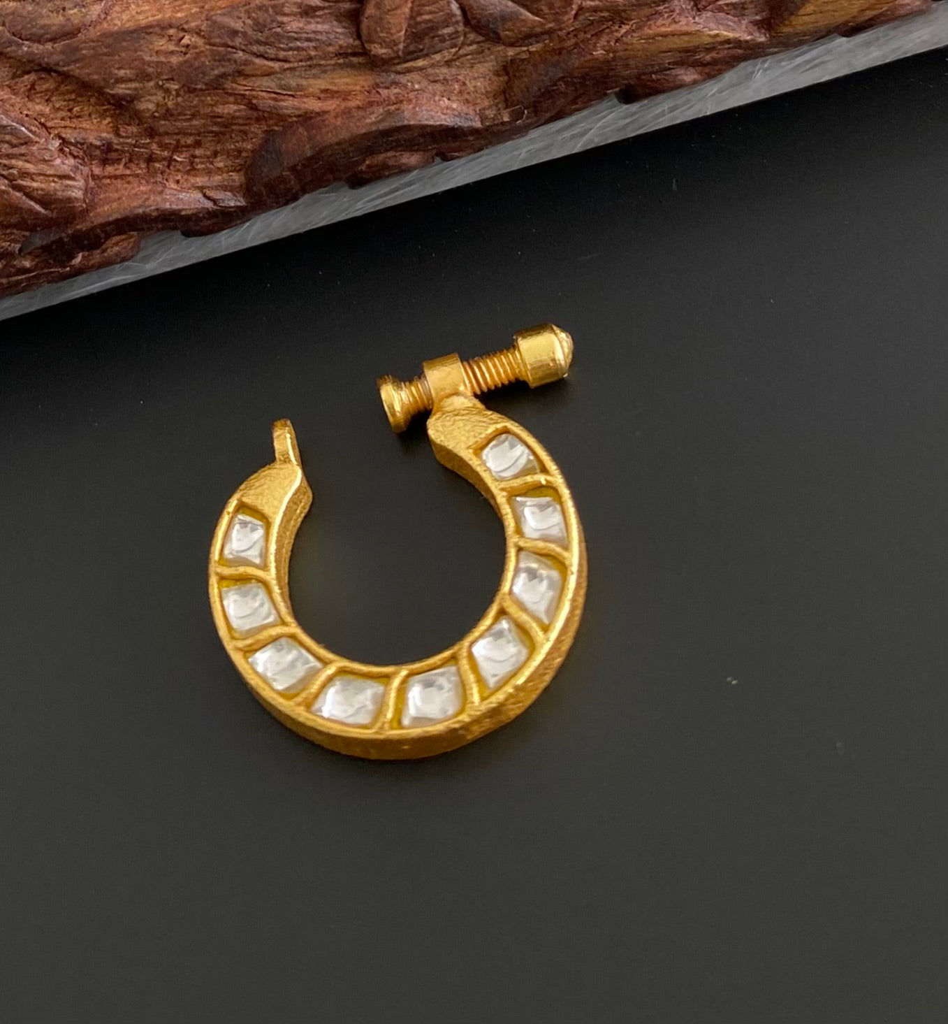 Gold tone kundan jadau white stone nose pin dj-53724