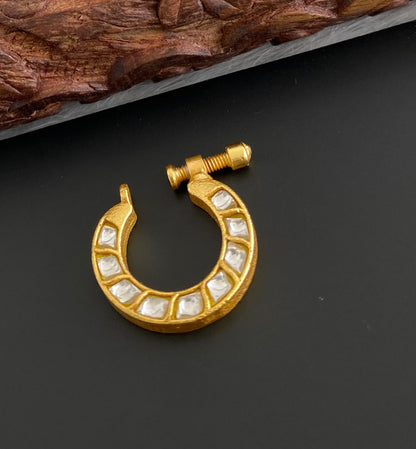 Gold tone kundan jadau white stone nose pin dj-53724