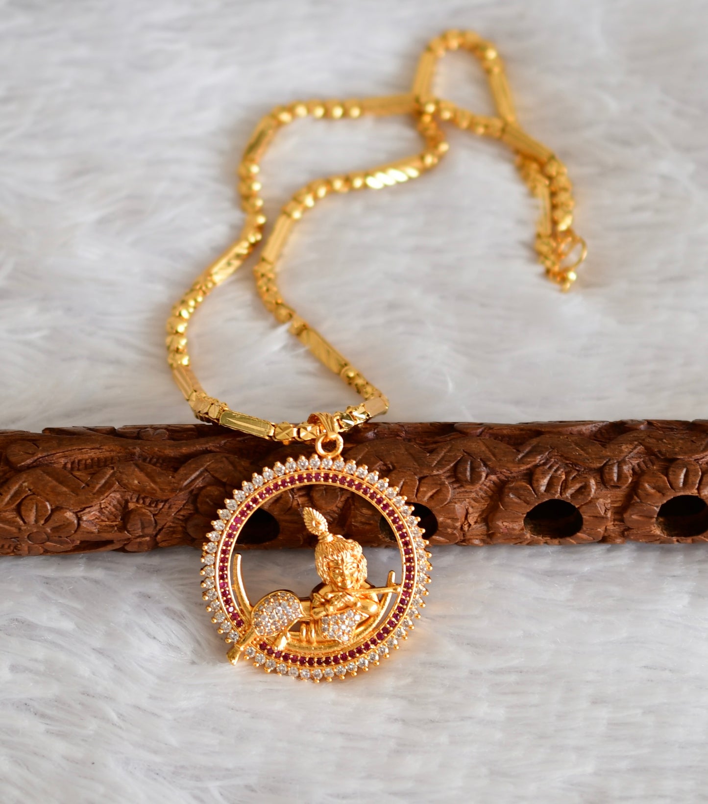 Gold tone 18 inches chain with ruby-white krishna round pendant dj-51919