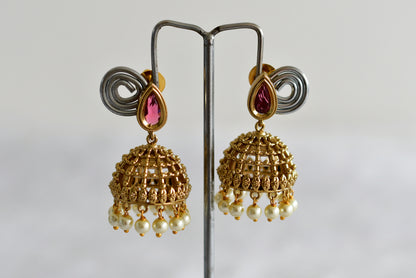 Antique gold tone magenta pink thilak stone pearl jhumkka dj-51851